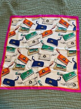 COACH Colorful Handbag Print Silk Scarf with Pink Border